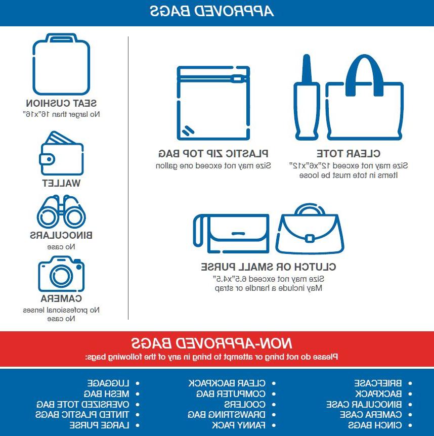 Graphic of allowed bag types, including clear totes, zip tip bags, clutches, and purses.